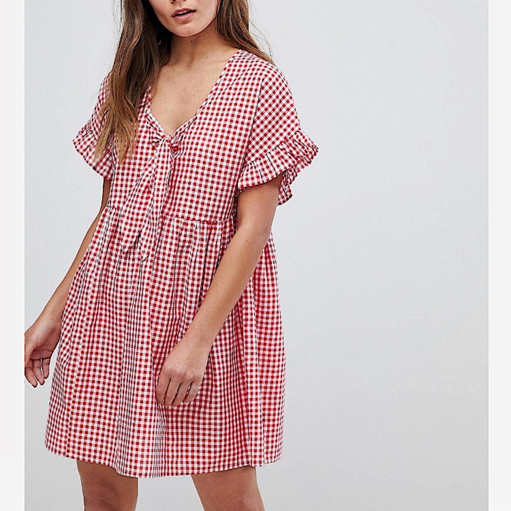 NWOT ASOS Casual Mini Smock Dress in Gingham with Bunny Tie ❤️🤍